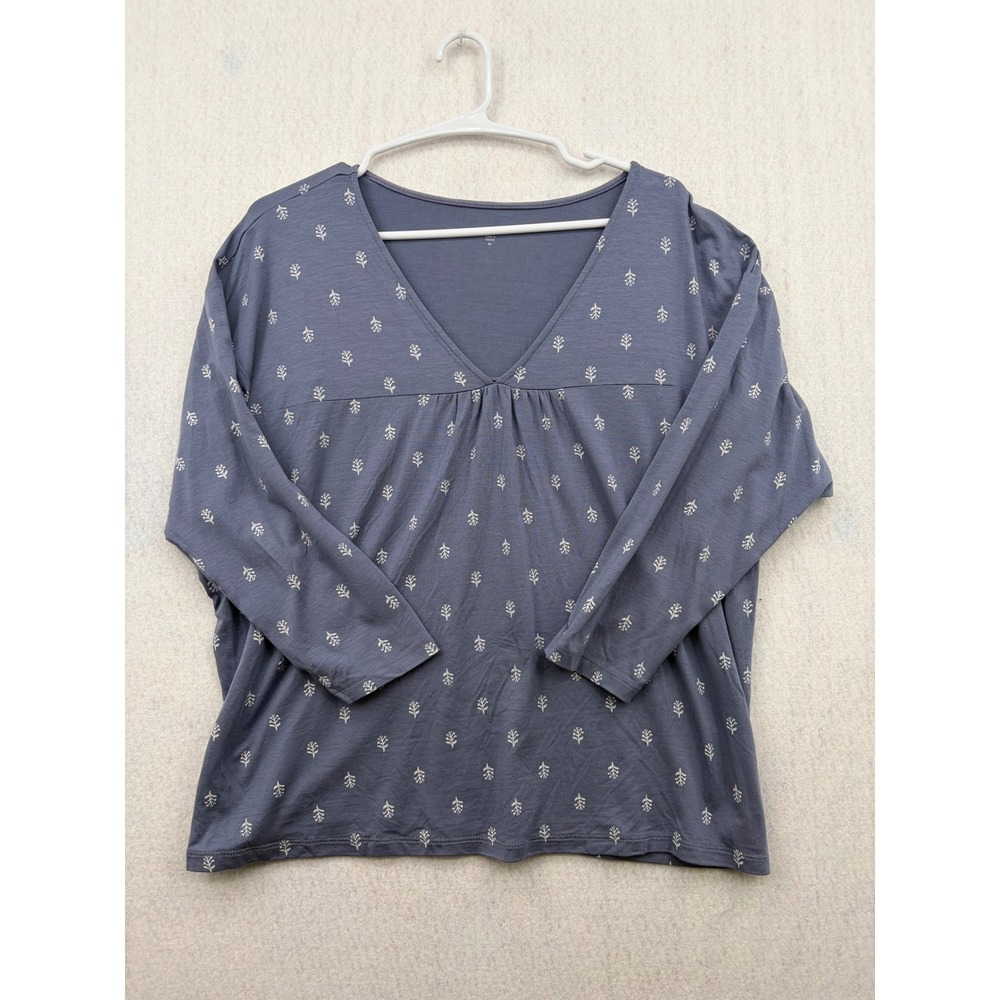 Garnet Hill Womens Blue Tencel Spandex V-Neck Sprig Print 3/4 Sleeve Top Medium